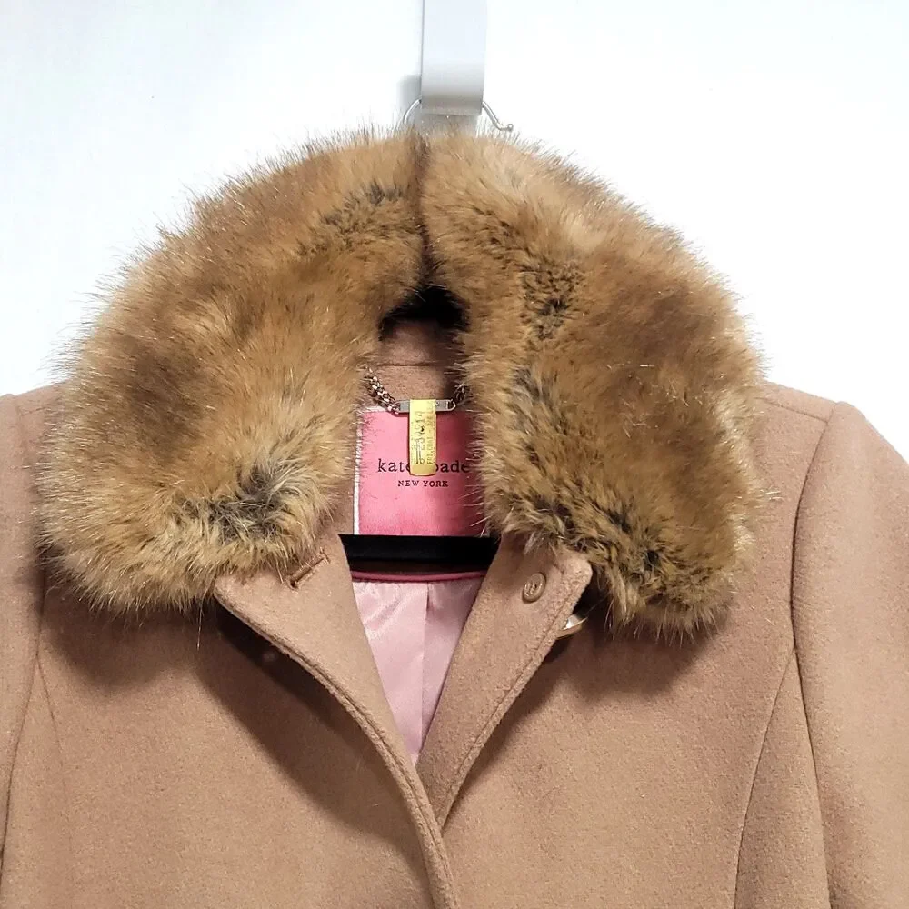 Faux Fur Wool Pea coat Kate Spade‎ XS Tan Pink Satin Lined Preppy mod chic